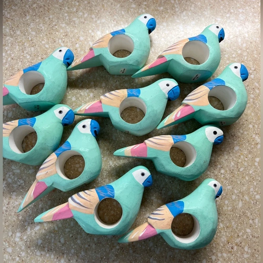 10 Parrot Napkin Ring Holders Wooden Teal, Pink and Blue Tropical